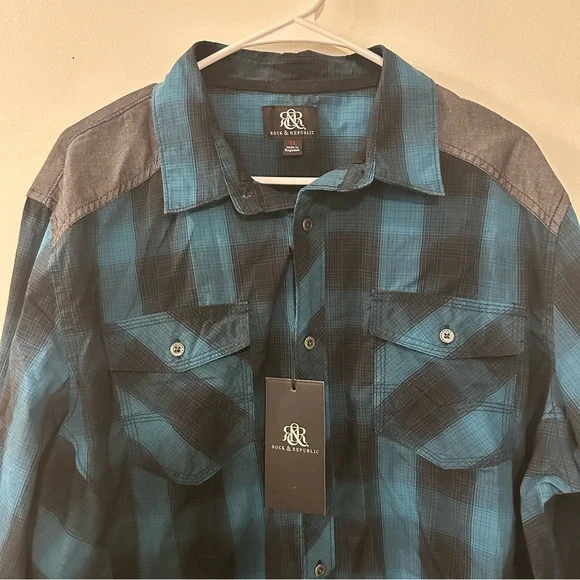 Rock & Republic Blue & Black Plaid “Western Style” Snap Down Shirt Size XL NWT - Picture 2 of 10